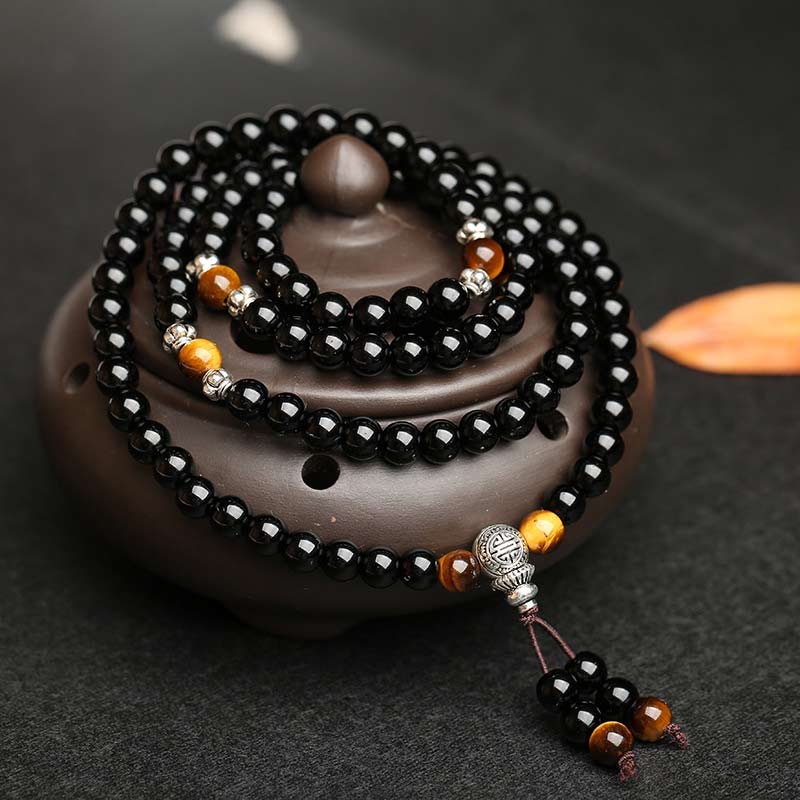 Oriental Buddha Black Obsidian Tiger Eye Blessing Mala Bracelet