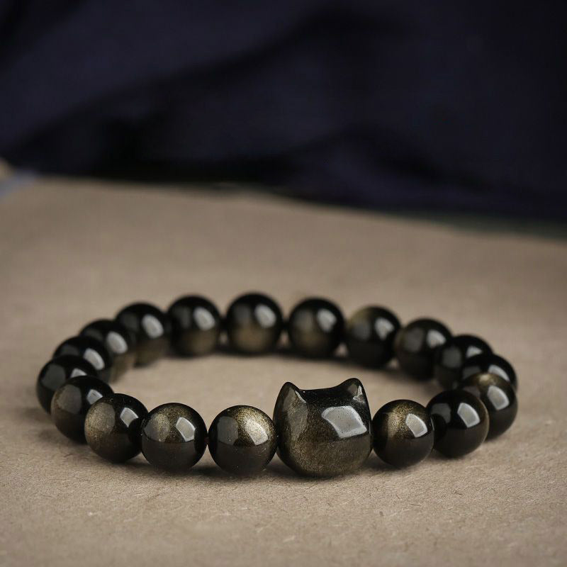 Oriental Buddha Gold Sheen Obsidian Silver Sheen Obsidian Lovely Paw Lucky Cat Protection Bracelet