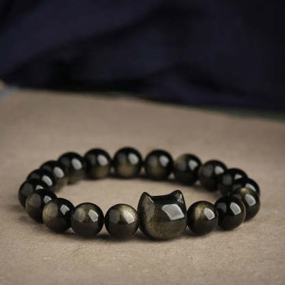 Oriental Buddha Gold Sheen Obsidian Silver Sheen Obsidian Lovely Paw Lucky Cat Protection Bracelet