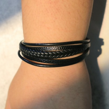 Oriental Buddha Natural Lava Rock Black Onyx Bead Leather Bracelet