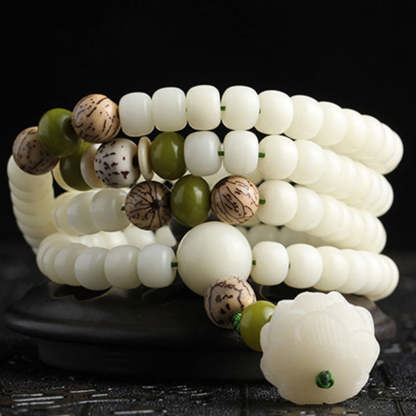 Oriental Buddha White Jade Bodhi Lotus Mala Harmony Necklace Bracelet