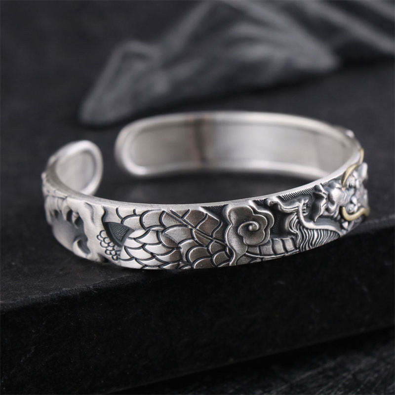 Oriental Buddha 999 Sterling Silver Dragon Strength Protection Bracelet Bangle