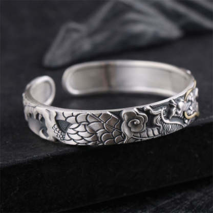 Oriental Buddha 999 Sterling Silver Dragon Strength Protection Bracelet Bangle