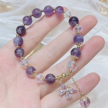 Oriental Buddha Natural Amethyst Crystal Spiritual Butterfly Charm Bracelet