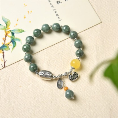 Oriental Buddha 925 Sterling Silver Cyan Jade Amber Success Bracelet