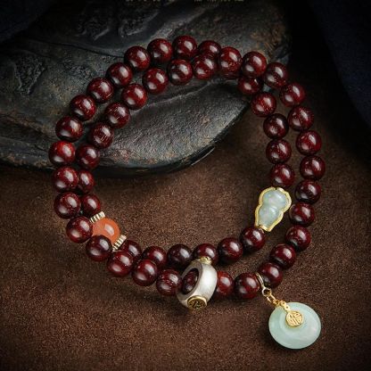 Oriental Buddha Chinese Zodiac Natal Buddha Small Leaf Red Sandalwood Jade Red Agate PiXiu Sooth Bracelet