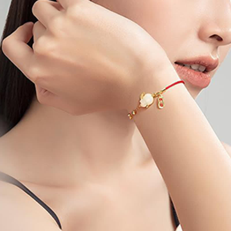 Oriental Buddha Year of the Rabbit White Jade Happiness Red String Chain Bracelet