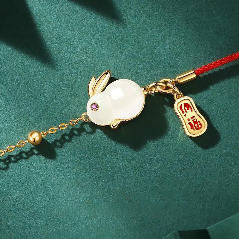 Oriental Buddha Year of the Rabbit White Jade Happiness Red String Chain Bracelet