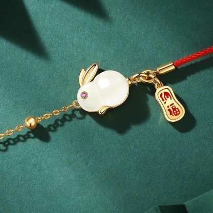 Oriental Buddha Year of the Rabbit White Jade Happiness Red String Chain Bracelet