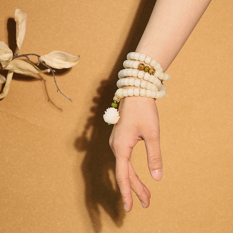 Oriental Buddha White Jade Bodhi Lotus Mala Harmony Necklace Bracelet