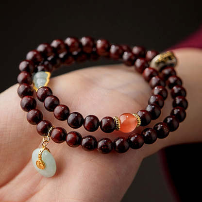Oriental Buddha Chinese Zodiac Natal Buddha Small Leaf Red Sandalwood Jade Red Agate PiXiu Sooth Bracelet