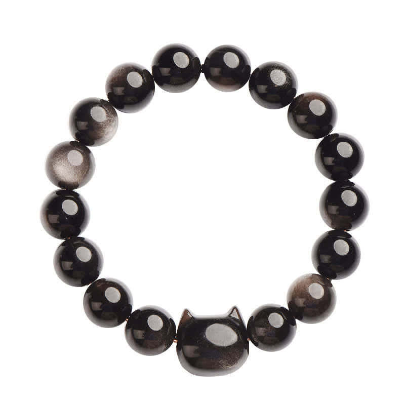 Oriental Buddha Gold Sheen Obsidian Silver Sheen Obsidian Lovely Paw Lucky Cat Protection Bracelet