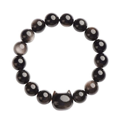 Oriental Buddha Gold Sheen Obsidian Silver Sheen Obsidian Lovely Paw Lucky Cat Protection Bracelet