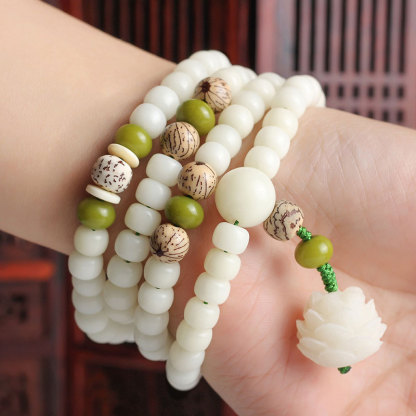Oriental Buddha White Jade Bodhi Lotus Mala Harmony Necklace Bracelet
