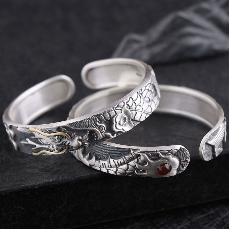Oriental Buddha 999 Sterling Silver Dragon Strength Protection Bracelet Bangle