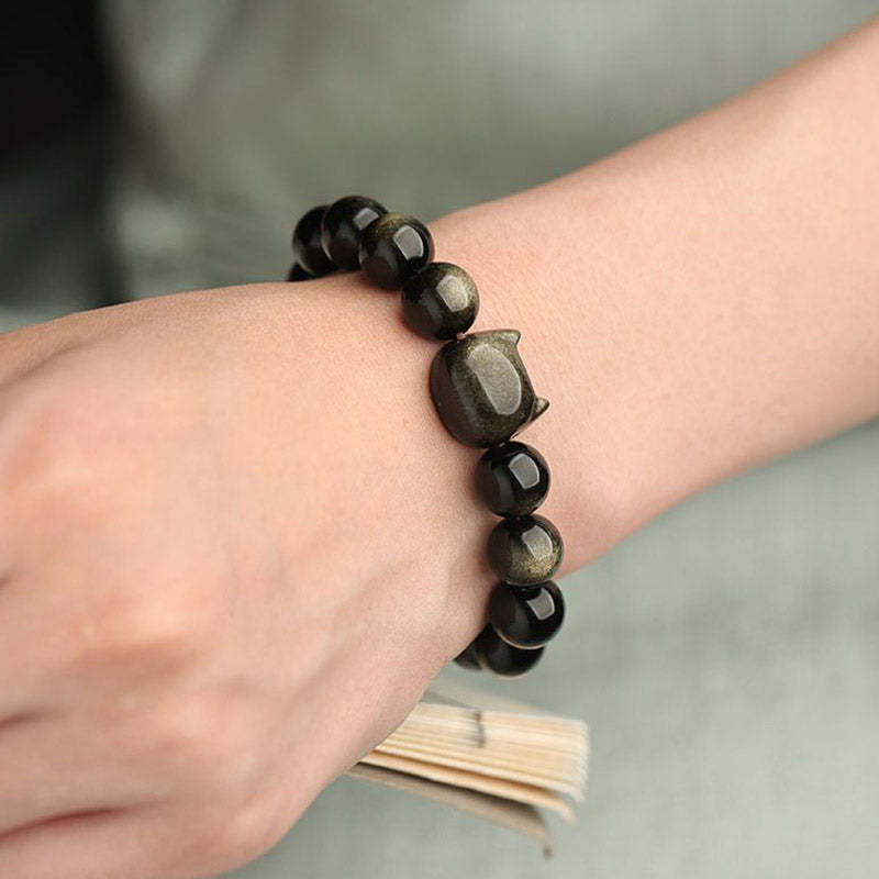 Oriental Buddha Gold Sheen Obsidian Silver Sheen Obsidian Lovely Paw Lucky Cat Protection Bracelet