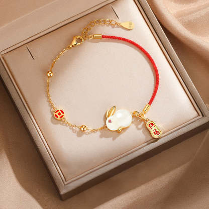 Oriental Buddha Year of the Rabbit White Jade Happiness Red String Chain Bracelet