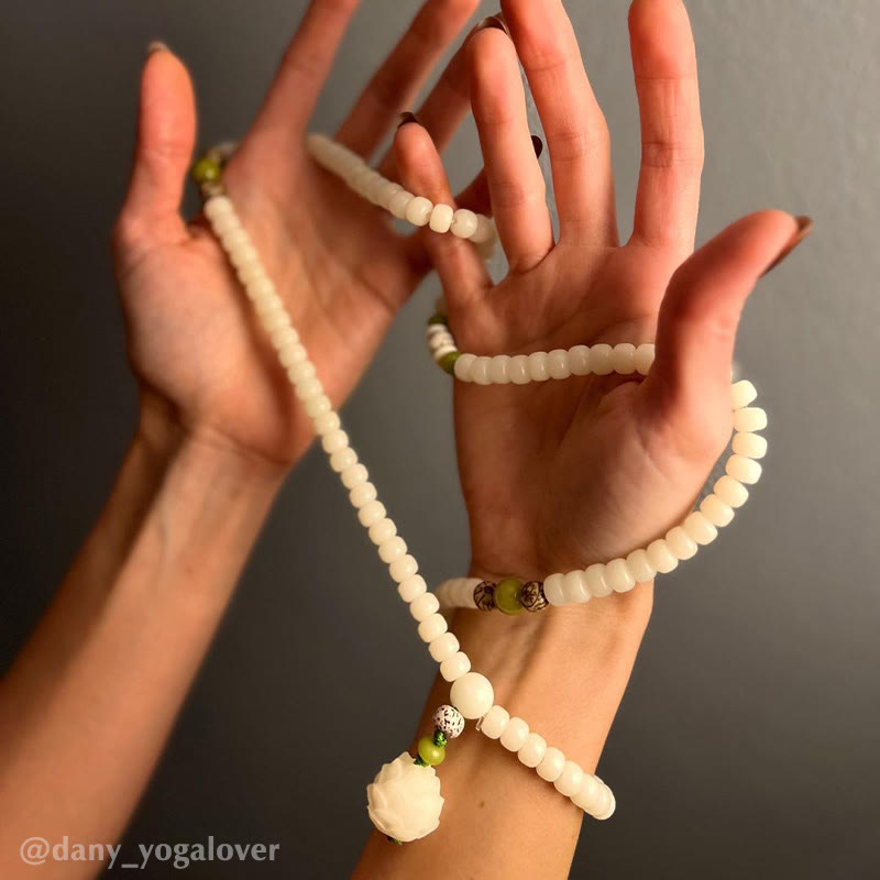 Oriental Buddha White Jade Bodhi Lotus Mala Harmony Necklace Bracelet