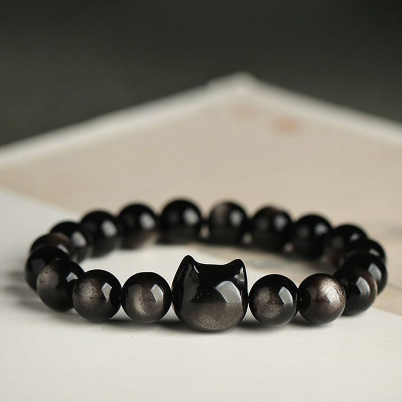Oriental Buddha Gold Sheen Obsidian Silver Sheen Obsidian Lovely Paw Lucky Cat Protection Bracelet