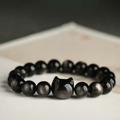 Oriental Buddha Gold Sheen Obsidian Silver Sheen Obsidian Lovely Paw Lucky Cat Protection Bracelet