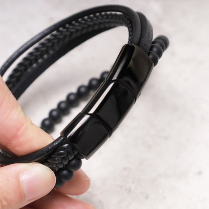 Oriental Buddha Natural Lava Rock Black Onyx Bead Leather Bracelet