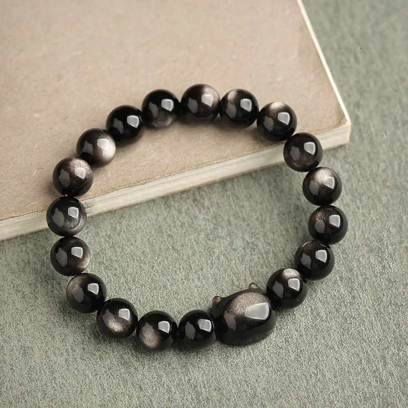 Oriental Buddha Gold Sheen Obsidian Silver Sheen Obsidian Lovely Paw Lucky Cat Protection Bracelet
