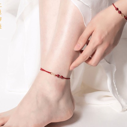 Oriental Buddha Cinnabar Blessing Red String 14K Gold Infinity Symbol Bracelet Anklet