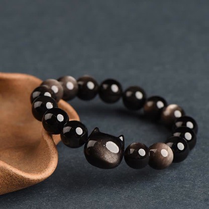 Oriental Buddha Gold Sheen Obsidian Silver Sheen Obsidian Lovely Paw Lucky Cat Protection Bracelet