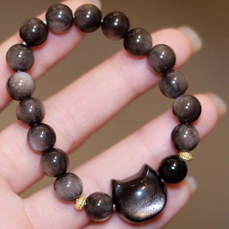 Oriental Buddha Gold Sheen Obsidian Silver Sheen Obsidian Lovely Paw Lucky Cat Protection Bracelet