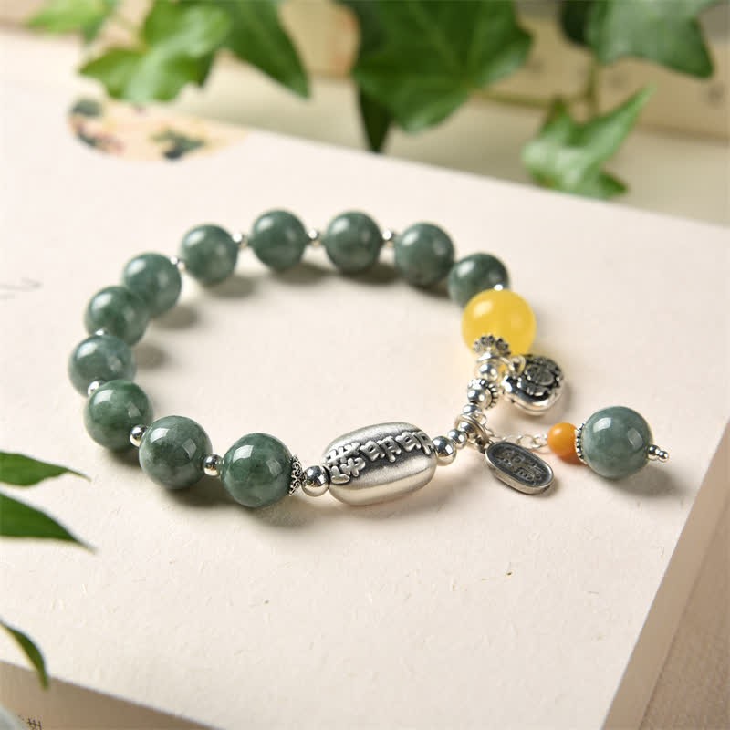 Oriental Buddha 925 Sterling Silver Cyan Jade Amber Success Bracelet