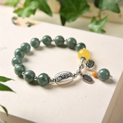 Oriental Buddha 925 Sterling Silver Cyan Jade Amber Success Bracelet