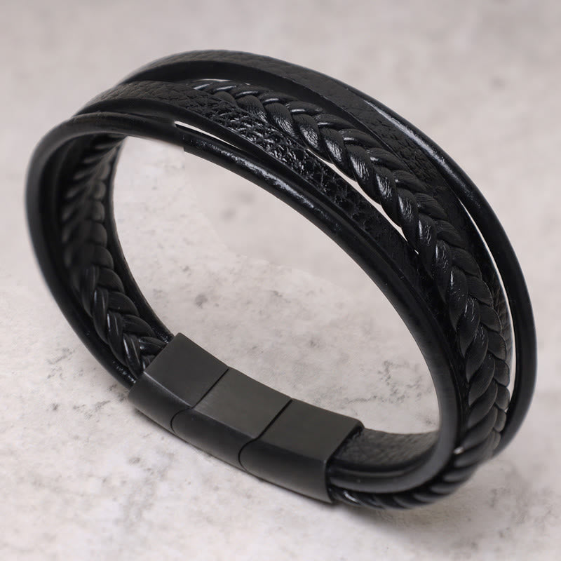 Oriental Buddha Natural Lava Rock Black Onyx Bead Leather Bracelet