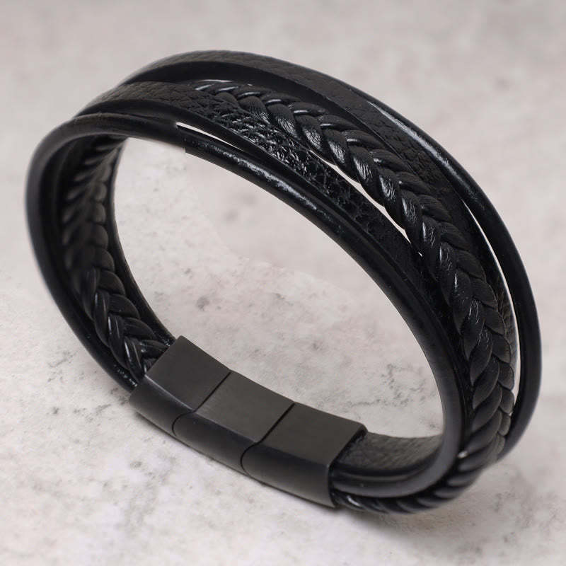 Oriental Buddha Natural Lava Rock Black Onyx Bead Leather Bracelet