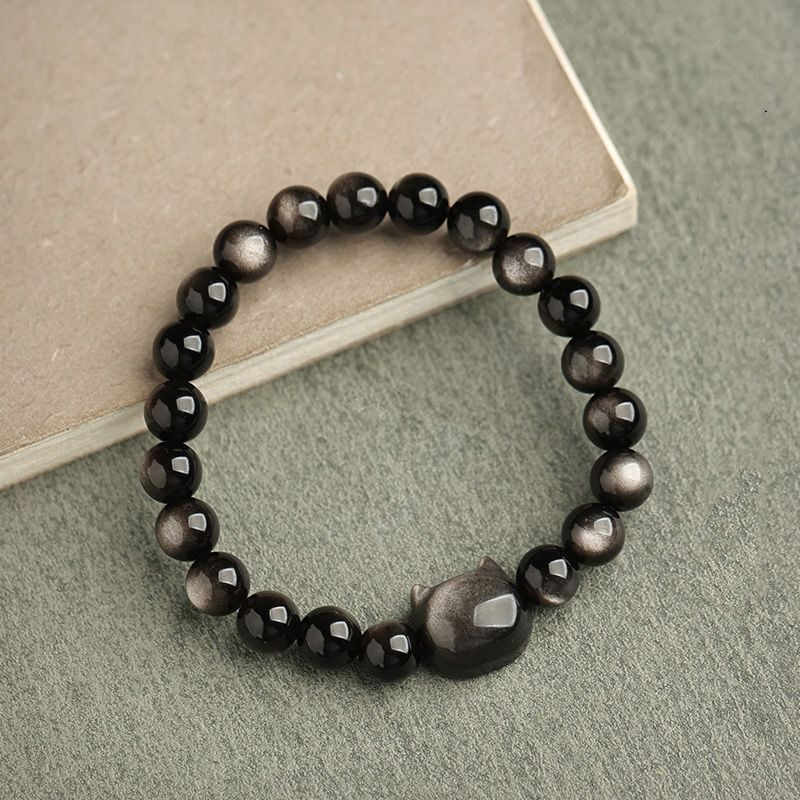 Oriental Buddha Gold Sheen Obsidian Silver Sheen Obsidian Lovely Paw Lucky Cat Protection Bracelet