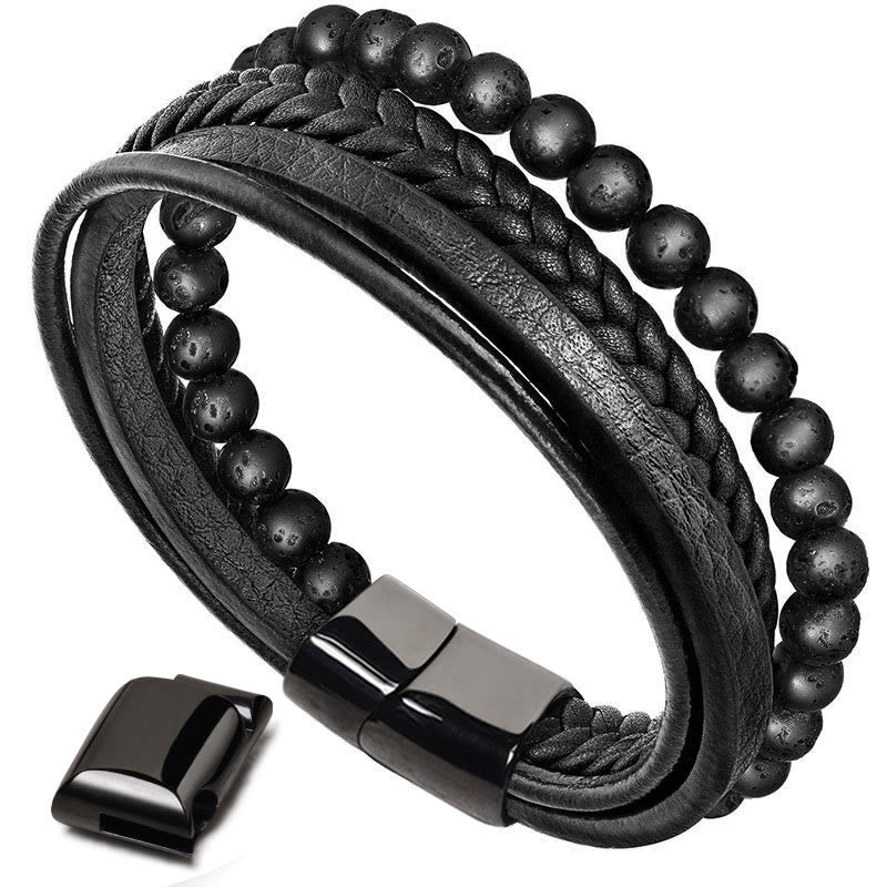 Oriental Buddha Natural Lava Rock Black Onyx Bead Leather Bracelet