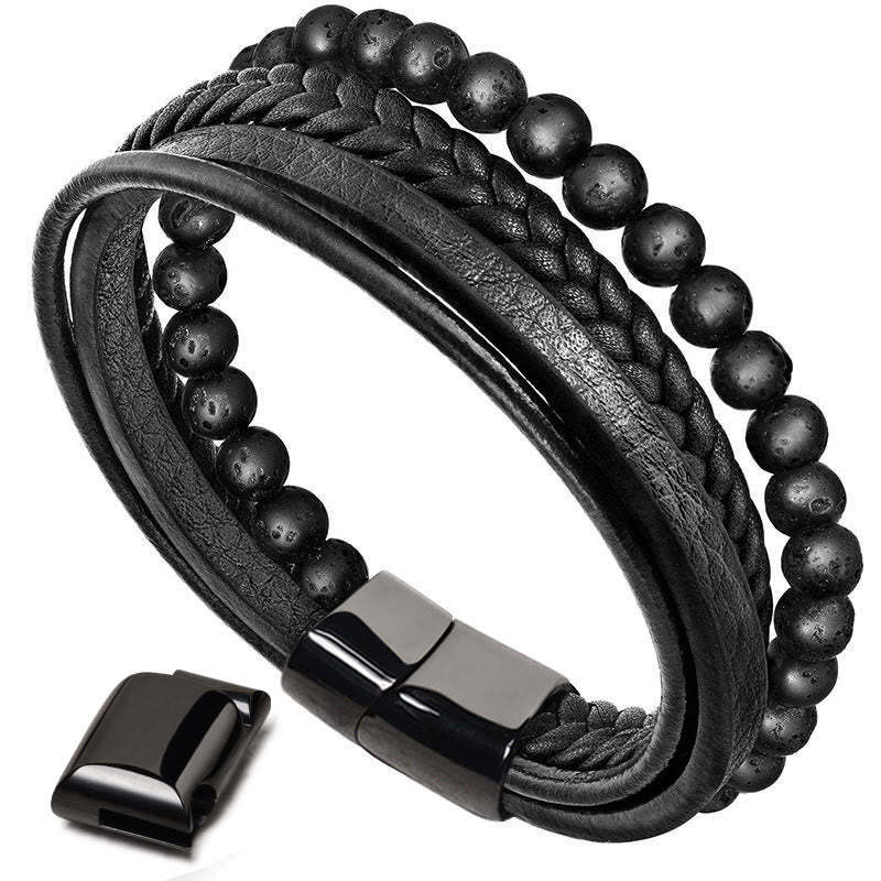 Oriental Buddha Natural Lava Rock Black Onyx Bead Leather Bracelet