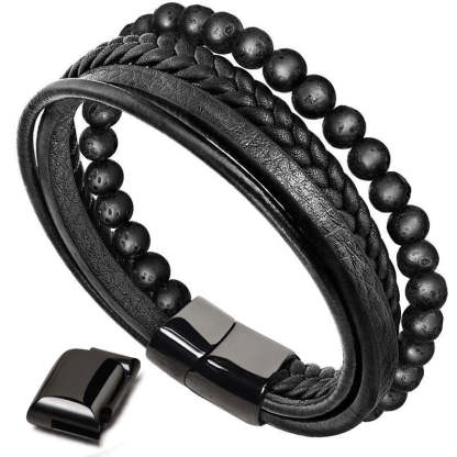 Oriental Buddha Natural Lava Rock Black Onyx Bead Leather Bracelet