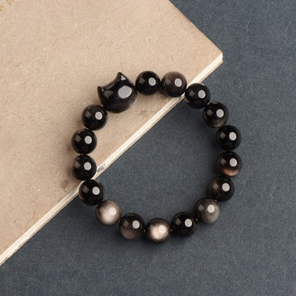 Oriental Buddha Gold Sheen Obsidian Silver Sheen Obsidian Lovely Paw Lucky Cat Protection Bracelet