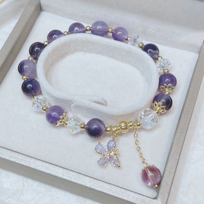 Oriental Buddha Natural Amethyst Crystal Spiritual Butterfly Charm Bracelet