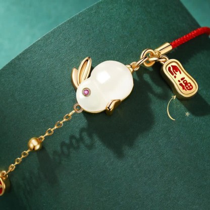 Oriental Buddha Year of the Rabbit White Jade Happiness Red String Chain Bracelet