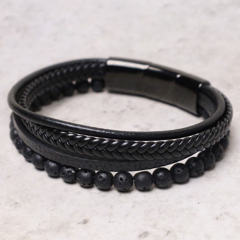 Oriental Buddha Natural Lava Rock Black Onyx Bead Leather Bracelet