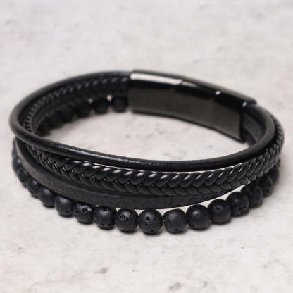 Oriental Buddha Natural Lava Rock Black Onyx Bead Leather Bracelet