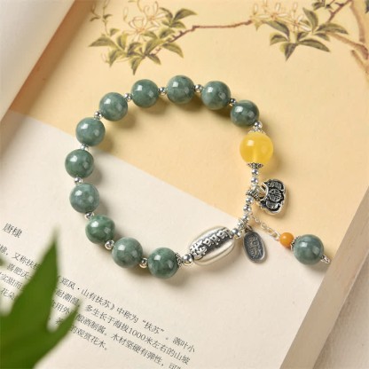 Oriental Buddha 925 Sterling Silver Cyan Jade Amber Success Bracelet