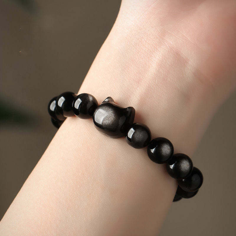 Oriental Buddha Gold Sheen Obsidian Silver Sheen Obsidian Lovely Paw Lucky Cat Protection Bracelet