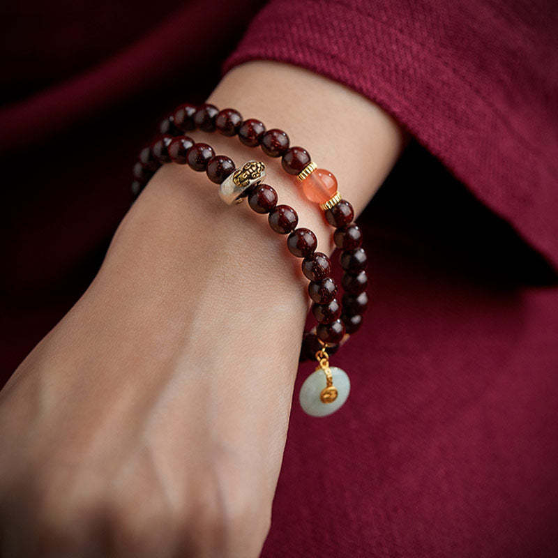 Oriental Buddha Chinese Zodiac Natal Buddha Small Leaf Red Sandalwood Jade Red Agate PiXiu Sooth Bracelet