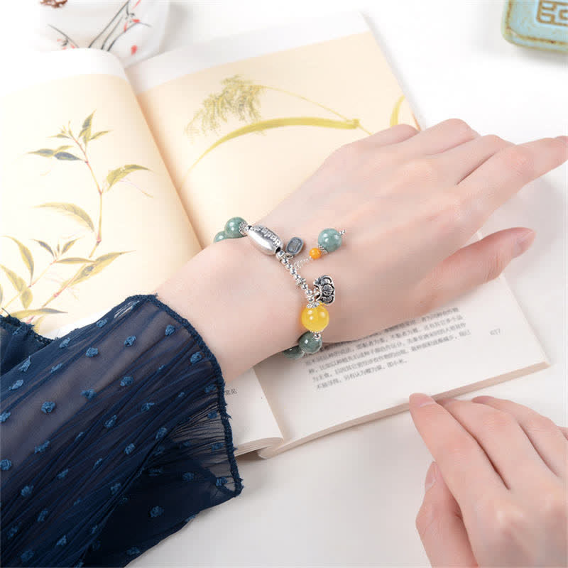 Oriental Buddha 925 Sterling Silver Cyan Jade Amber Success Bracelet