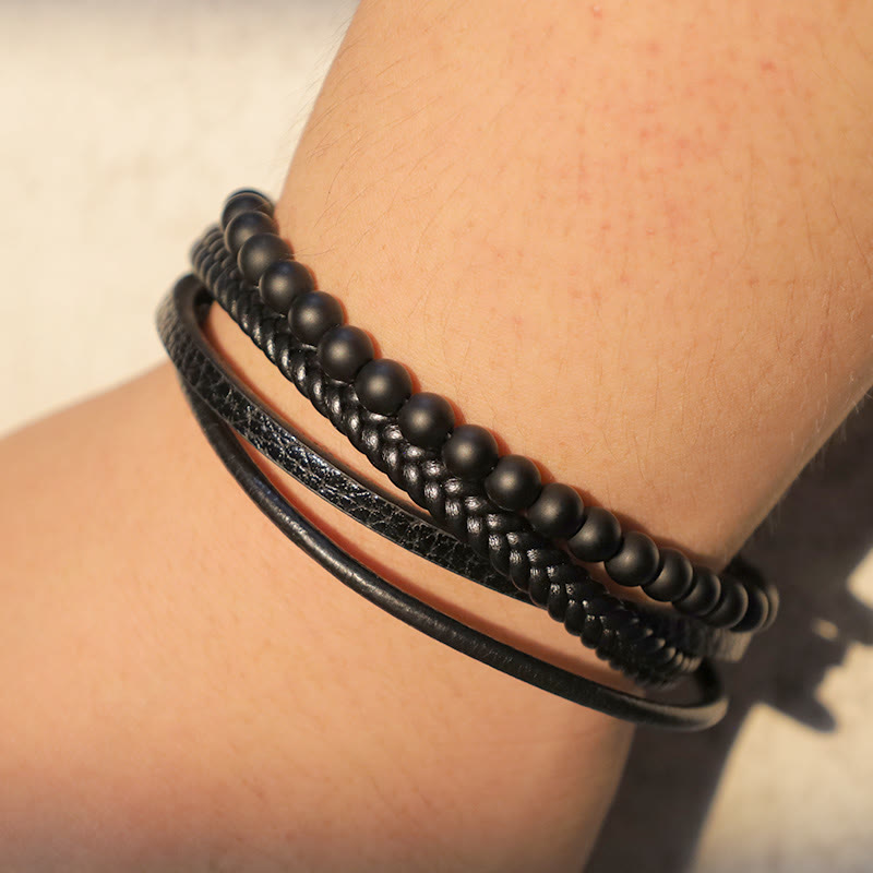 Oriental Buddha Natural Lava Rock Black Onyx Bead Leather Bracelet