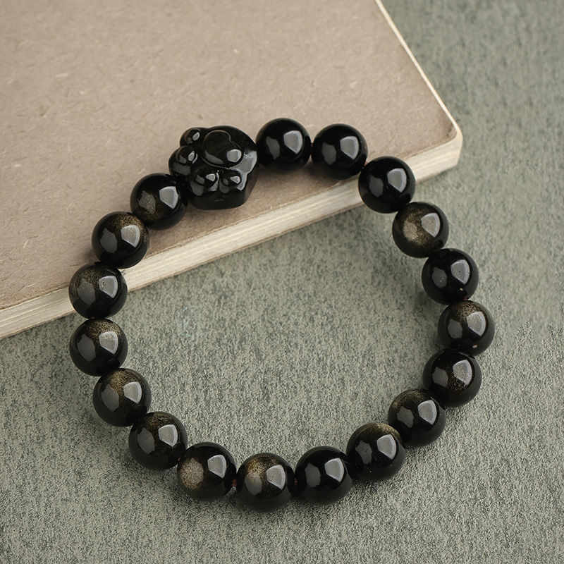 Oriental Buddha Gold Sheen Obsidian Silver Sheen Obsidian Lovely Paw Lucky Cat Protection Bracelet