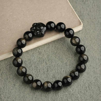 Oriental Buddha Gold Sheen Obsidian Silver Sheen Obsidian Lovely Paw Lucky Cat Protection Bracelet