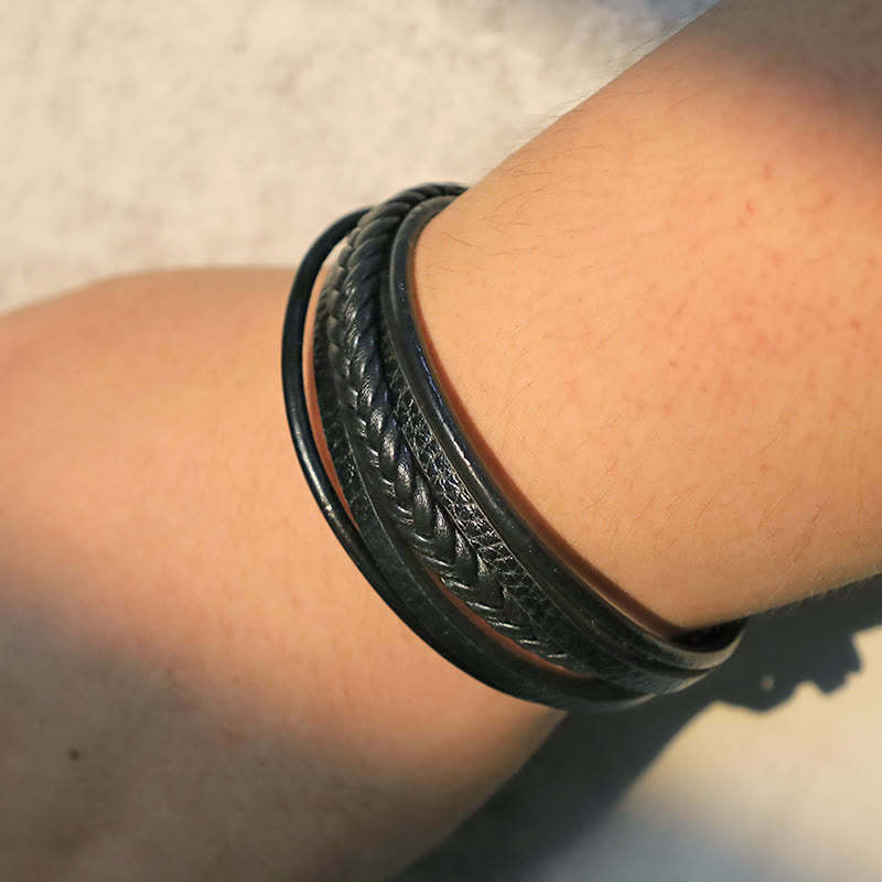 Oriental Buddha Natural Lava Rock Black Onyx Bead Leather Bracelet